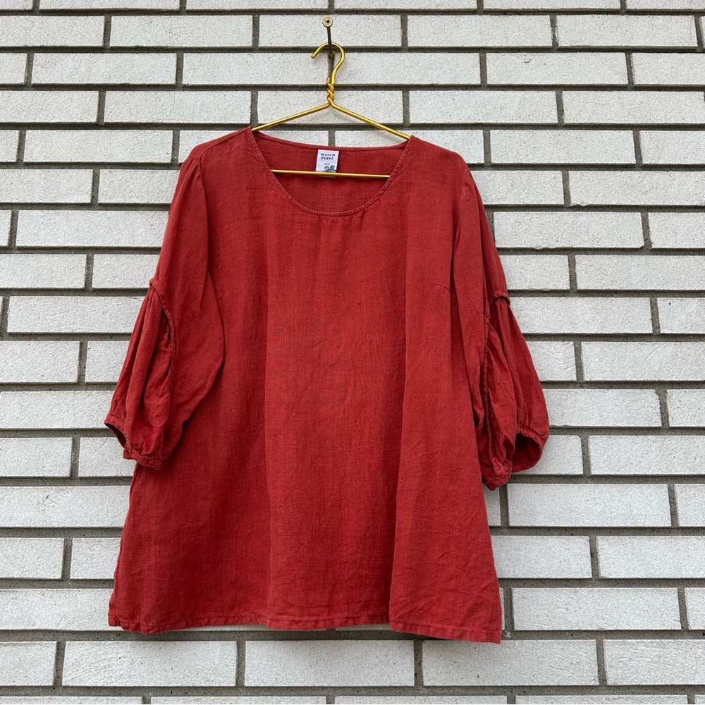 Match Point Burnt Orange Red Linen Blouse Puff Sleeve Scoop Neck Made in USA M